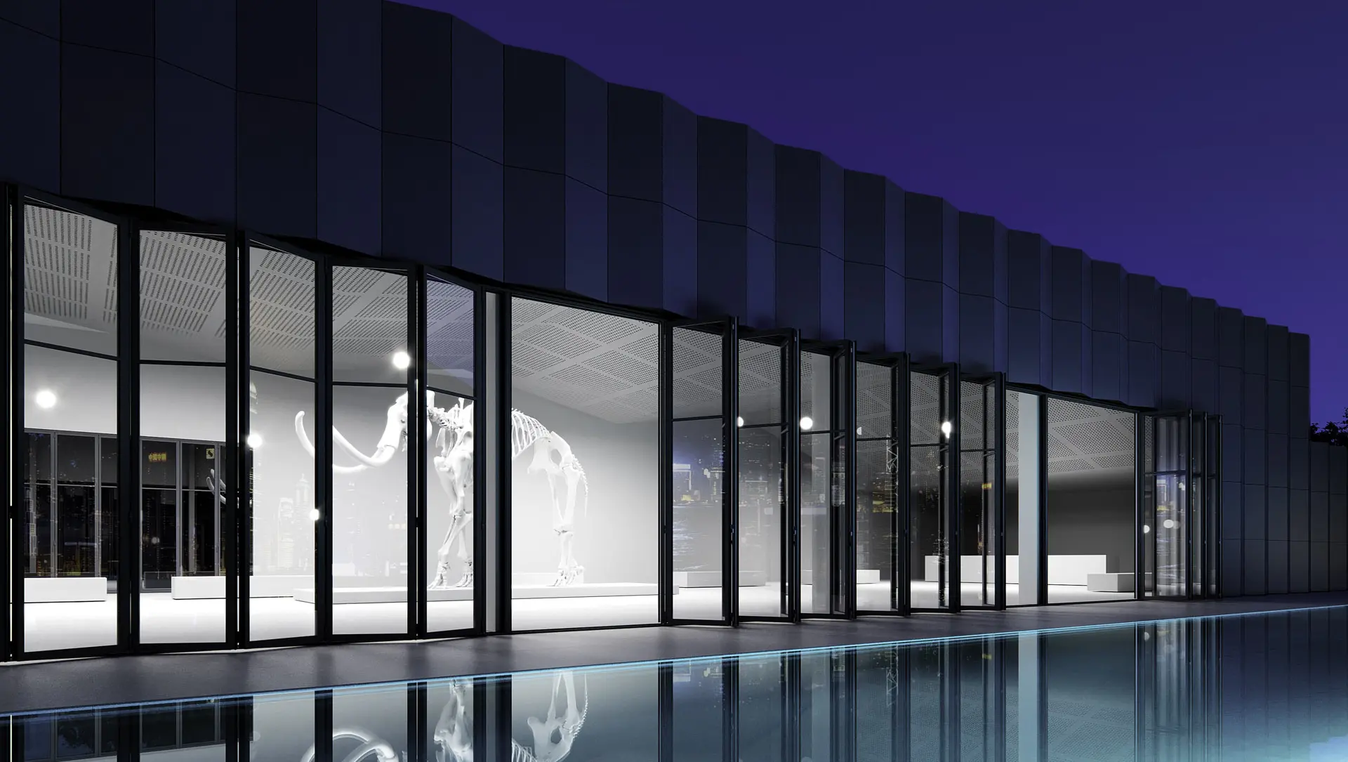 Hell erleuchteter Ausstellungssraum in den man durch eine Glas-Fenster-Front hineinsehen kann.