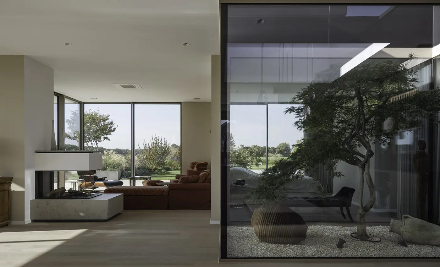 Modernes Wohnzimmer, mit Blick in einen gläsernen Raum, in dem ein Baum wächst.