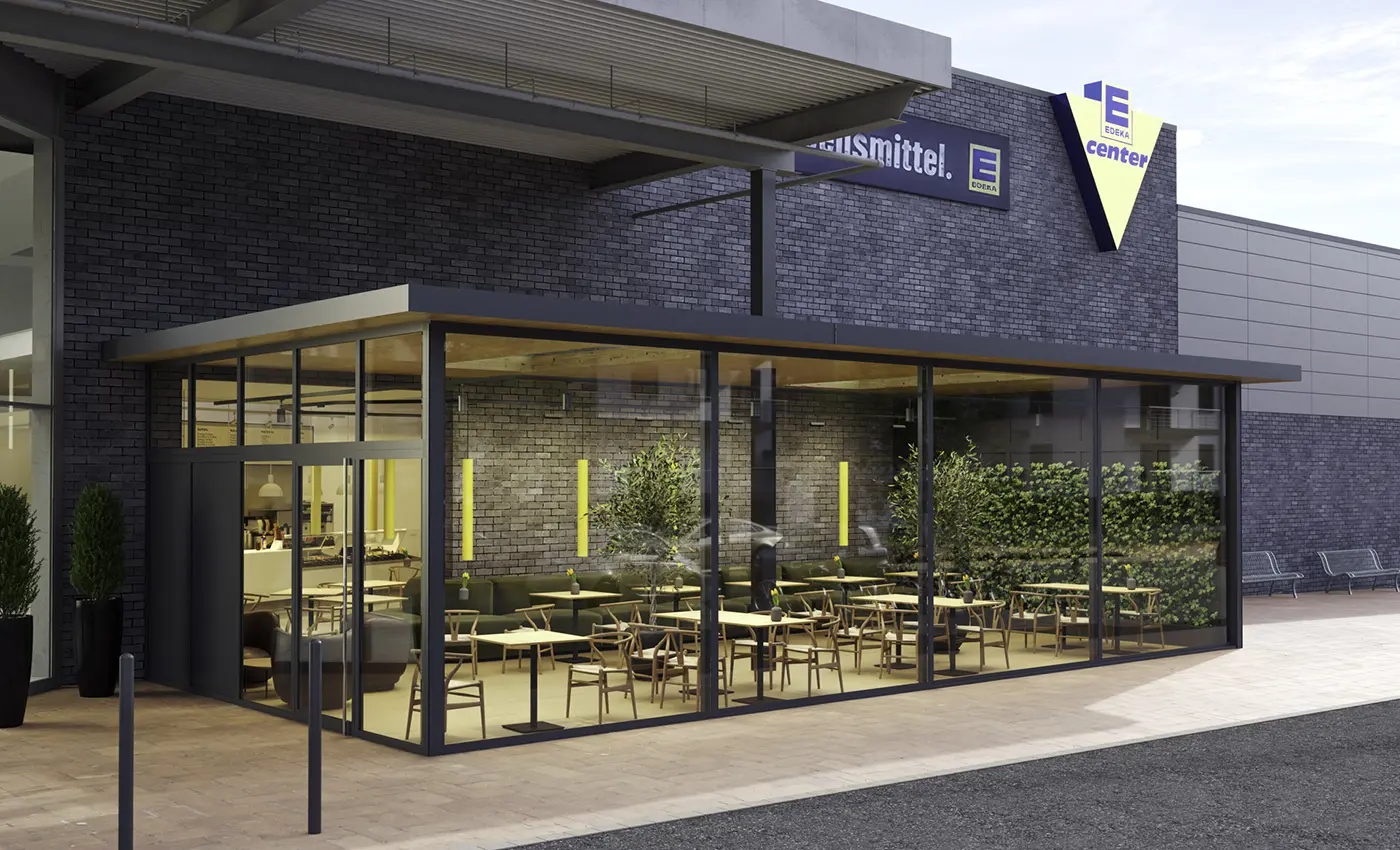 Rendering von der Außenansicht eines Cafes mit Glasfront vor einem Edeka