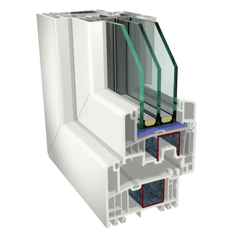 Teil eines weißen Kunststoff-Fensters mit Querschnitt durch den Rahmen