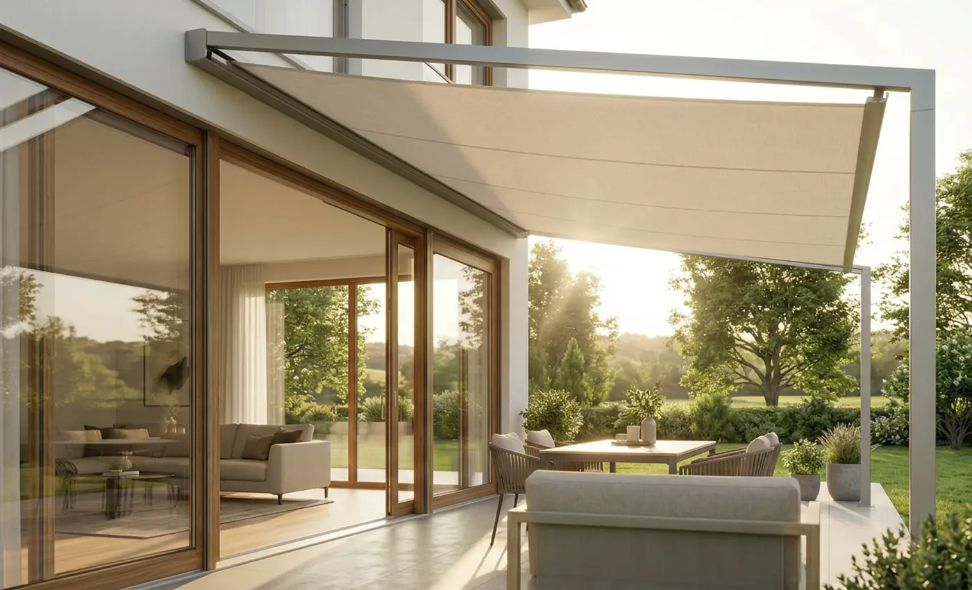 moderne Terrasse mit Holzschiebefenstern und einer Pergola